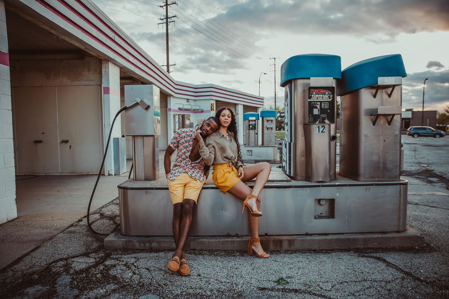 chicago models and chicago couple modeling at abandoned car wash in Elk Grove Village, Illinois