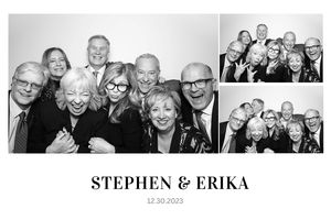 Black and white photo booth collage of elderly wedding guests smiling and making funny faces.