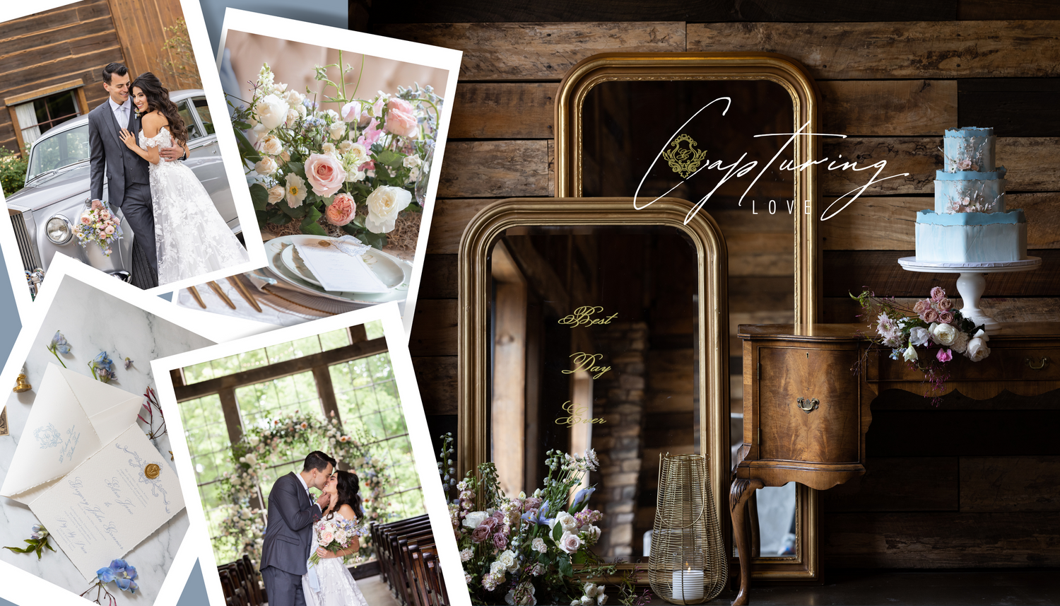 A wedding photo collage featuring ceremony moments, floral arrangements and a blue cake.