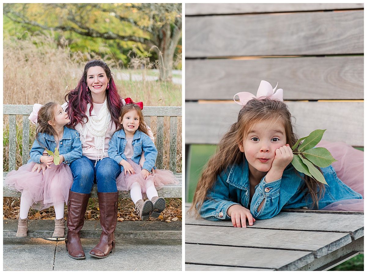 Mother and young twin daughters pose for fall portraits in cute outfits at Indianapolis Holliday Park Indiana