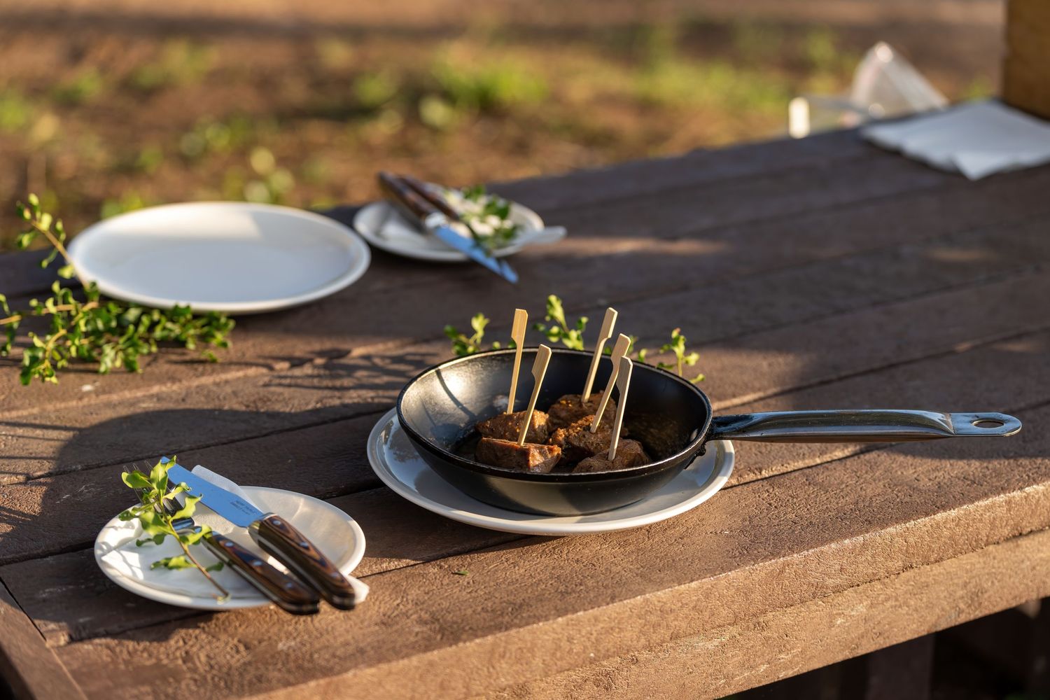 Cast iron pans and plates arranged on a rustic wooden table for outdoor dining.