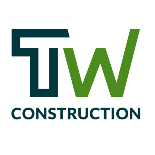 TW Construction company logo featuring teal and green letters on black background.