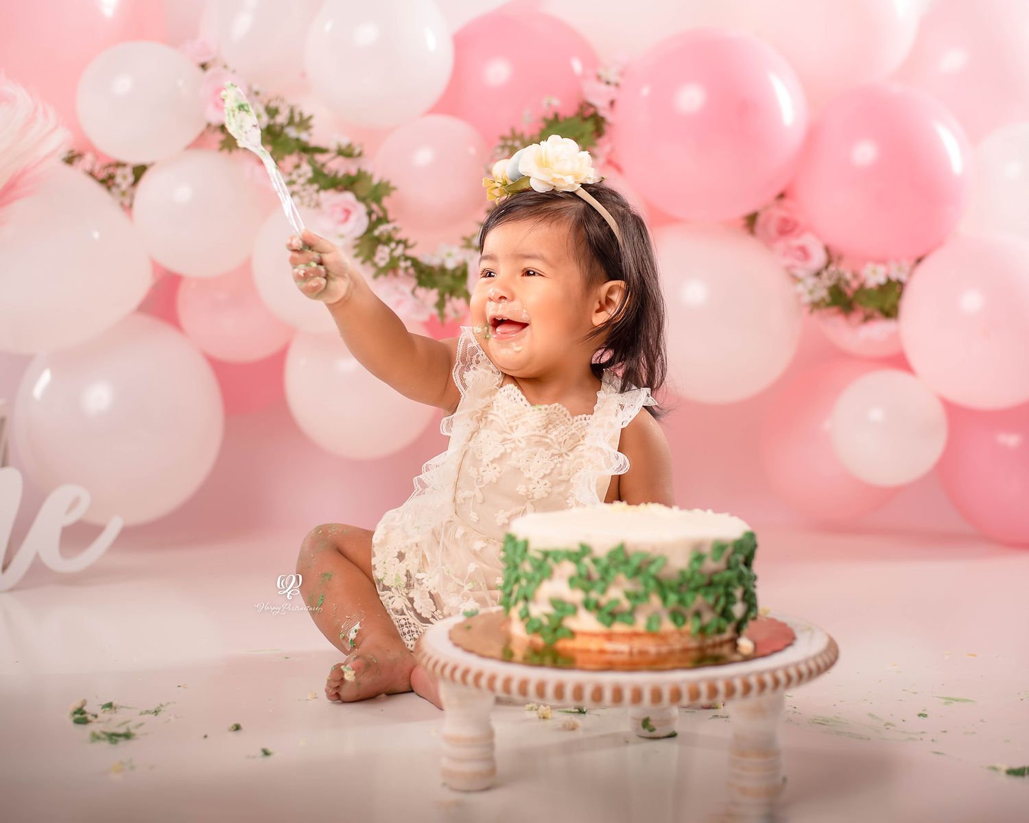 Baby girl Cake Smash photoshoot with pink & white balloons & flowers, simple birthday photos; Cake Smash photographer