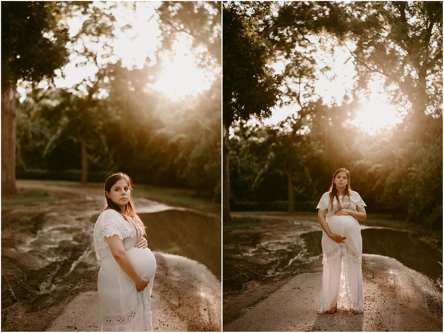 Side-by-side sunset maternity photos on nature path with golden lighting.