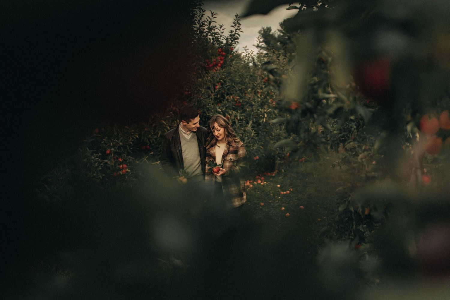 A romantic moment captured through foliage in a garden setting.