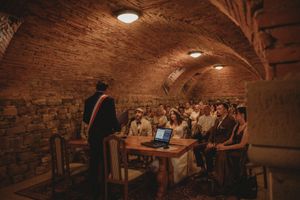 Wedding ceremony taking place in a rustic brick-vaulted cellar room with guests seated.