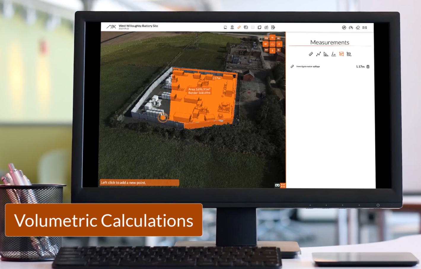Computer screen showing volumetric calculations with an orange highlighted area on aerial imagery.