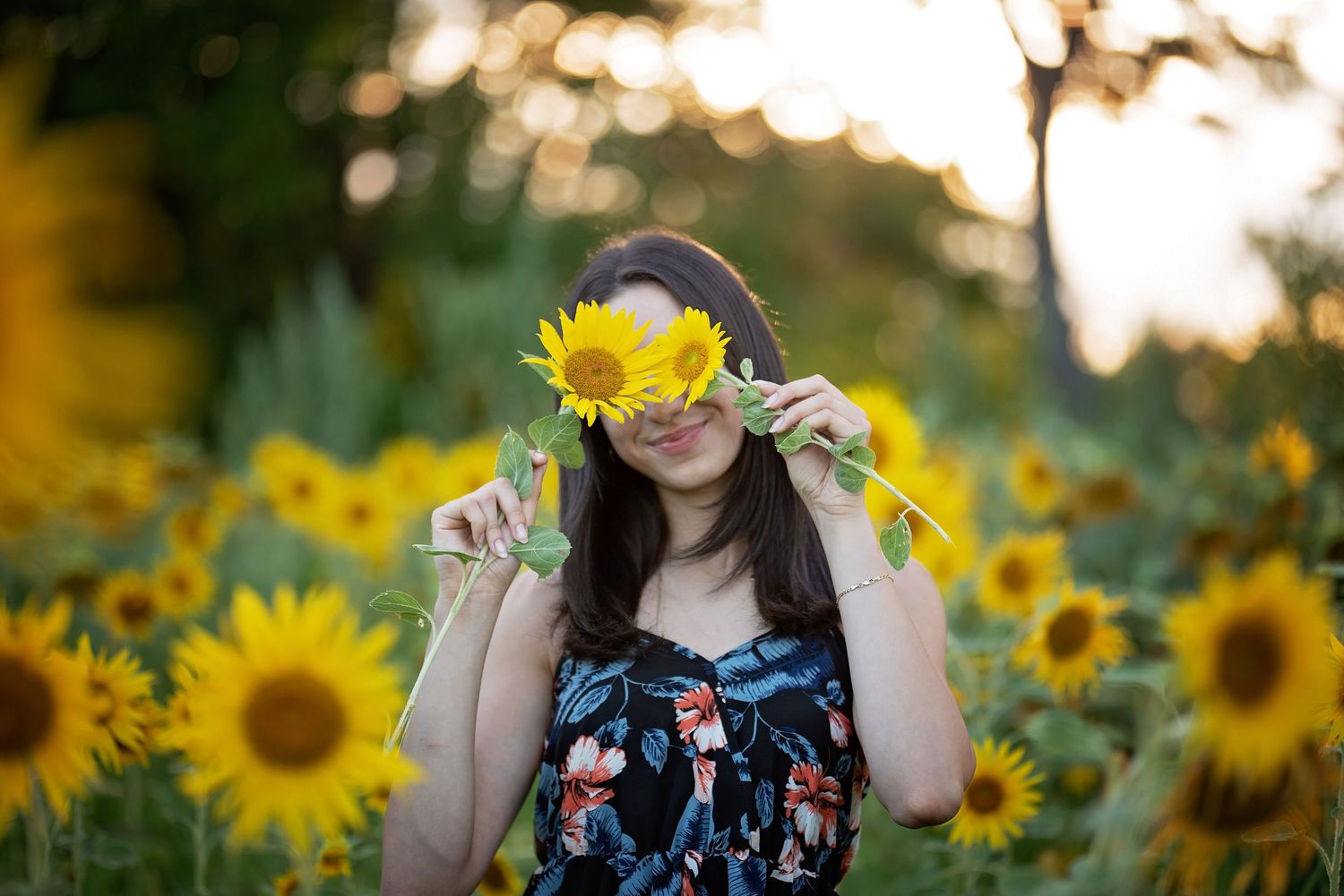 Young woman holding sunflowers over her eyes in a vibrant sunflower field at golden hour.