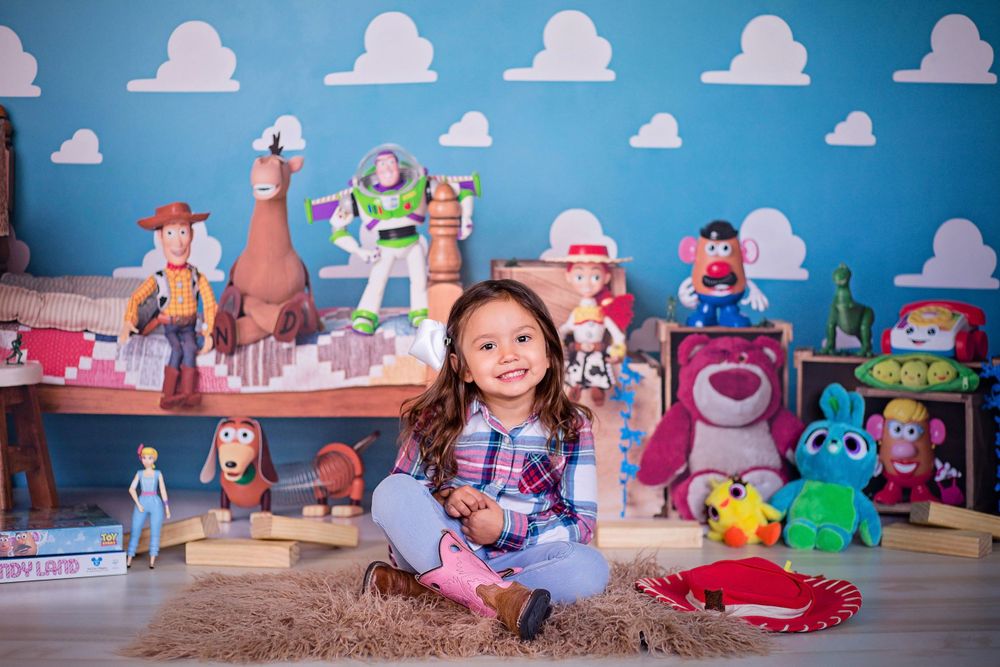 Child girl birthday photoshoot- toy story themed at Little Fox Photography in Houston, TX