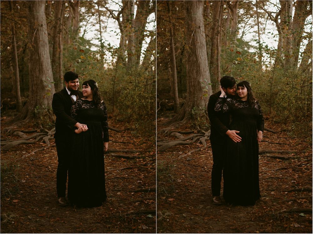 Side-by-side portraits of a couple in dark formal wear embracing in a wooded setting.