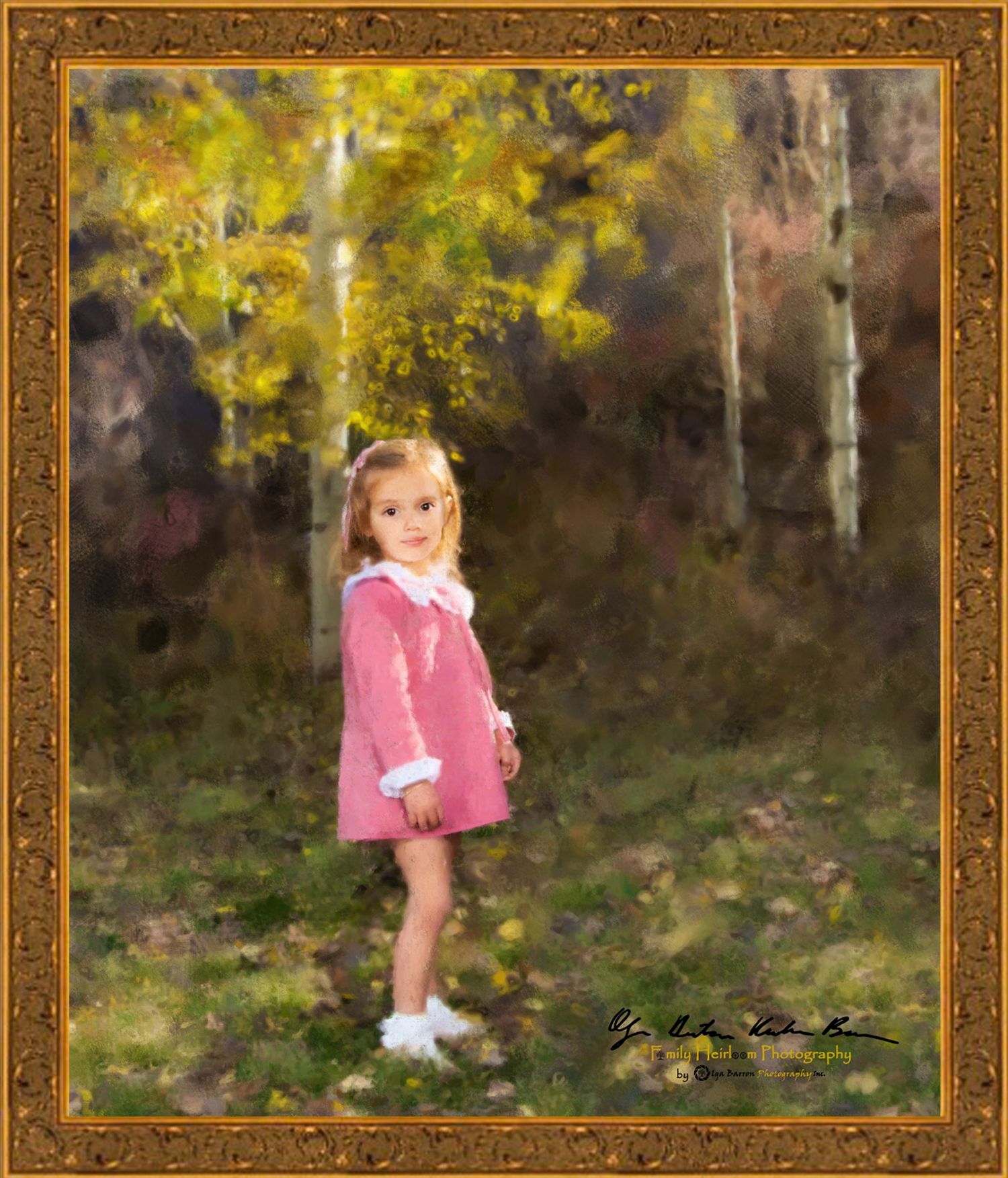 Painterly portrait of a little girl in the fall in Vail Colorado, gold frame
