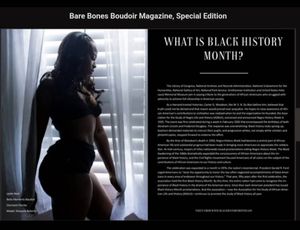Magazine spread featuring artistic boudoir photography and article about Black History Month.