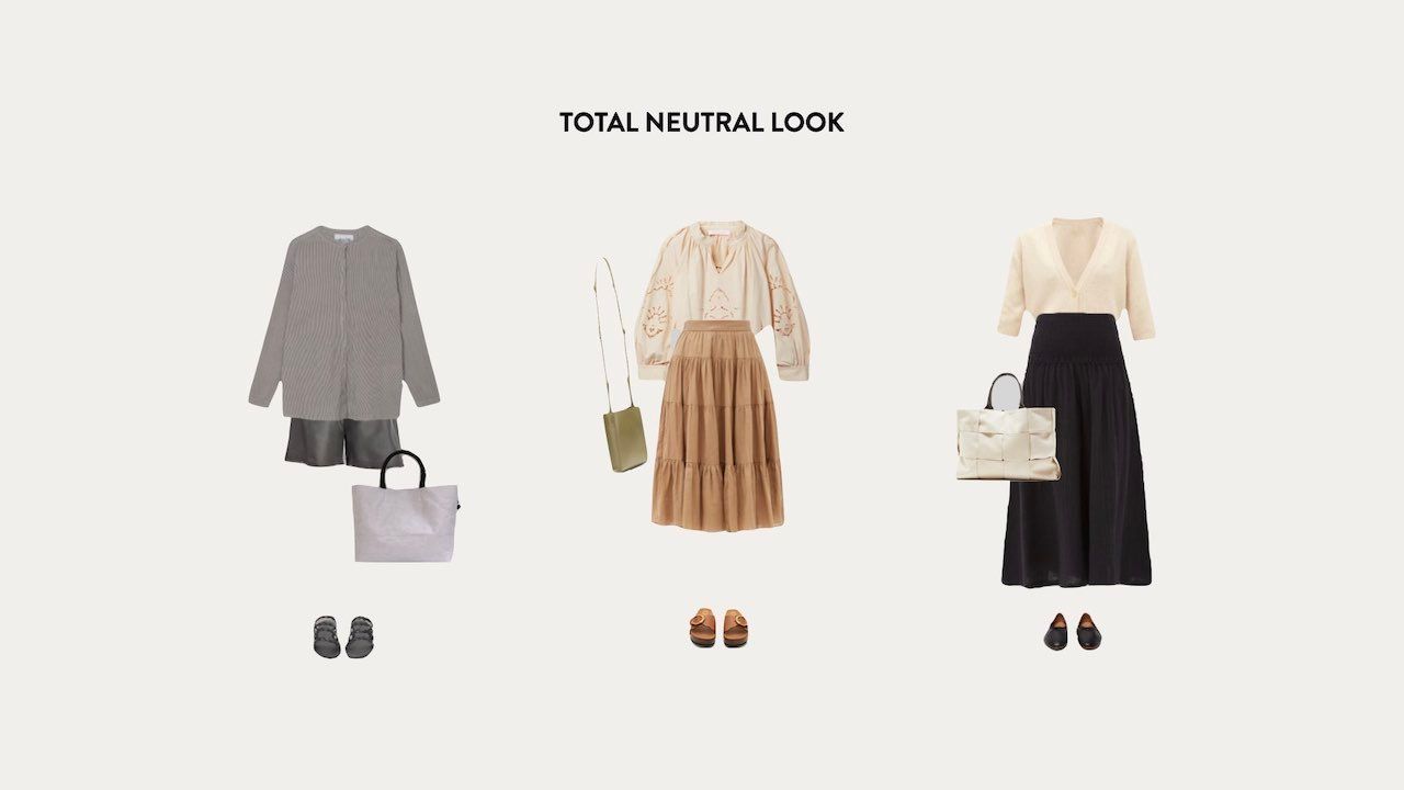 Three neutral-toned outfit combinations featuring dresses and skirts with coordinating accessories.