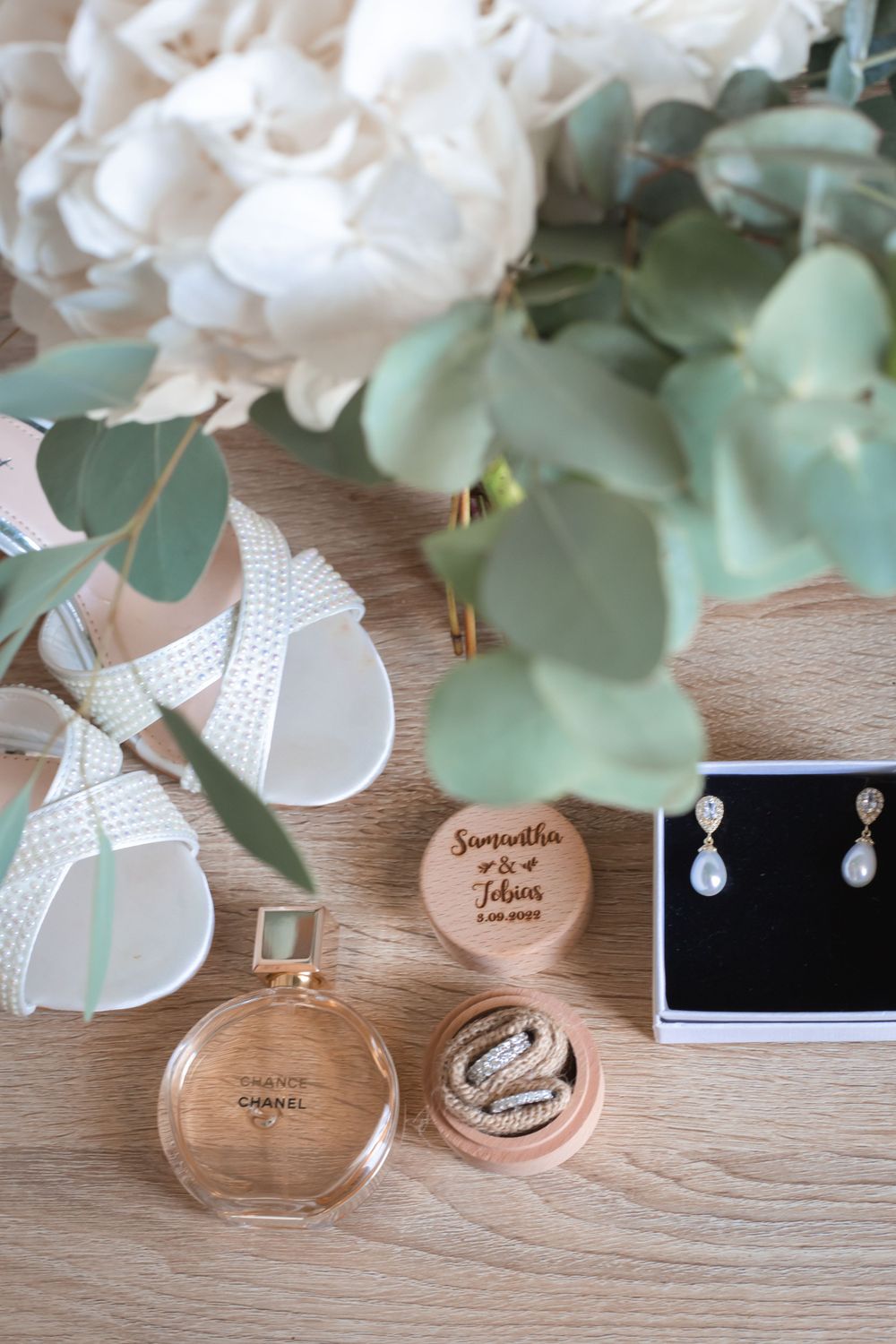 flat lay photo of bridal accessories