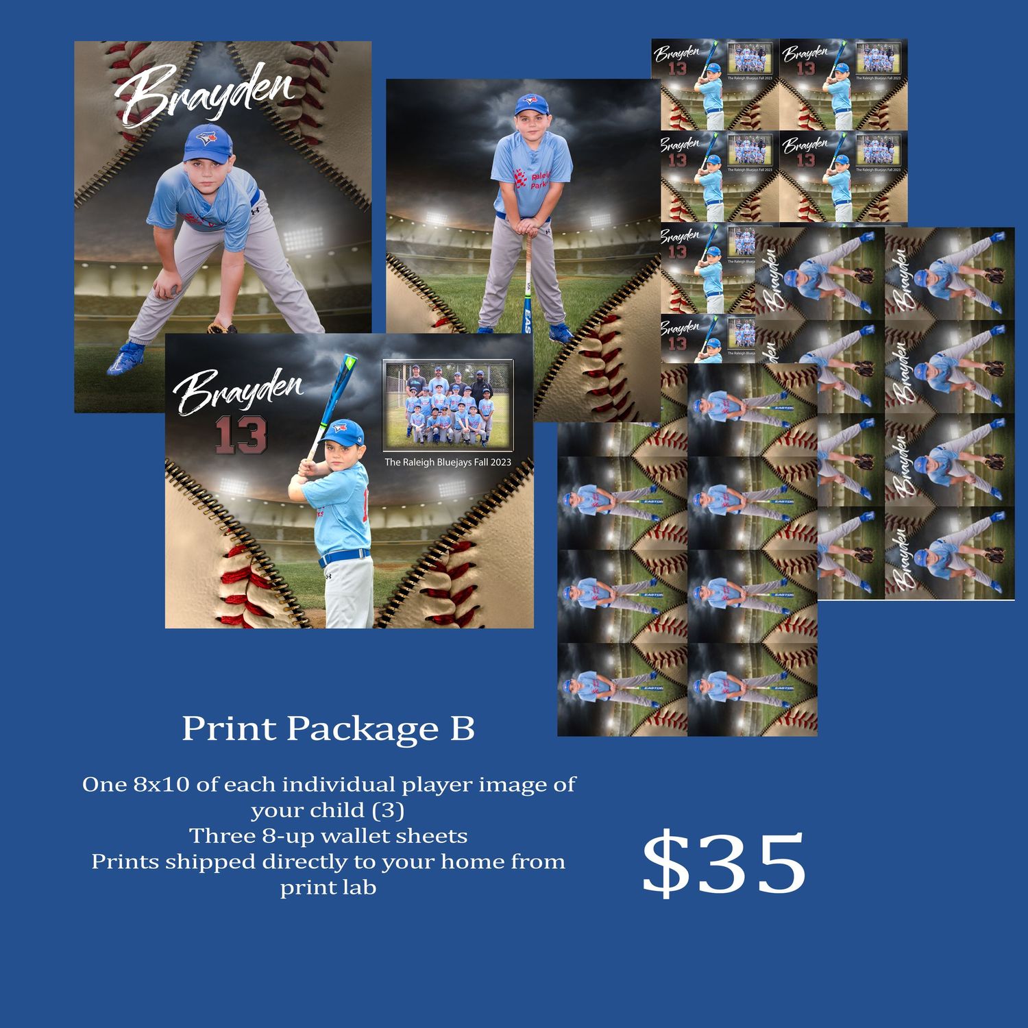 Print package B displaying baseball player poses and team photos with pricing details.