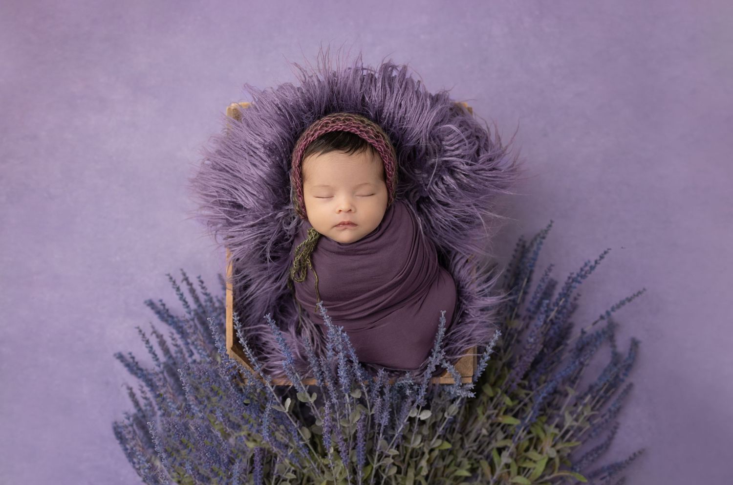 Baby sleeping on purple backdrop surrounded by delicate lavender sprigs.