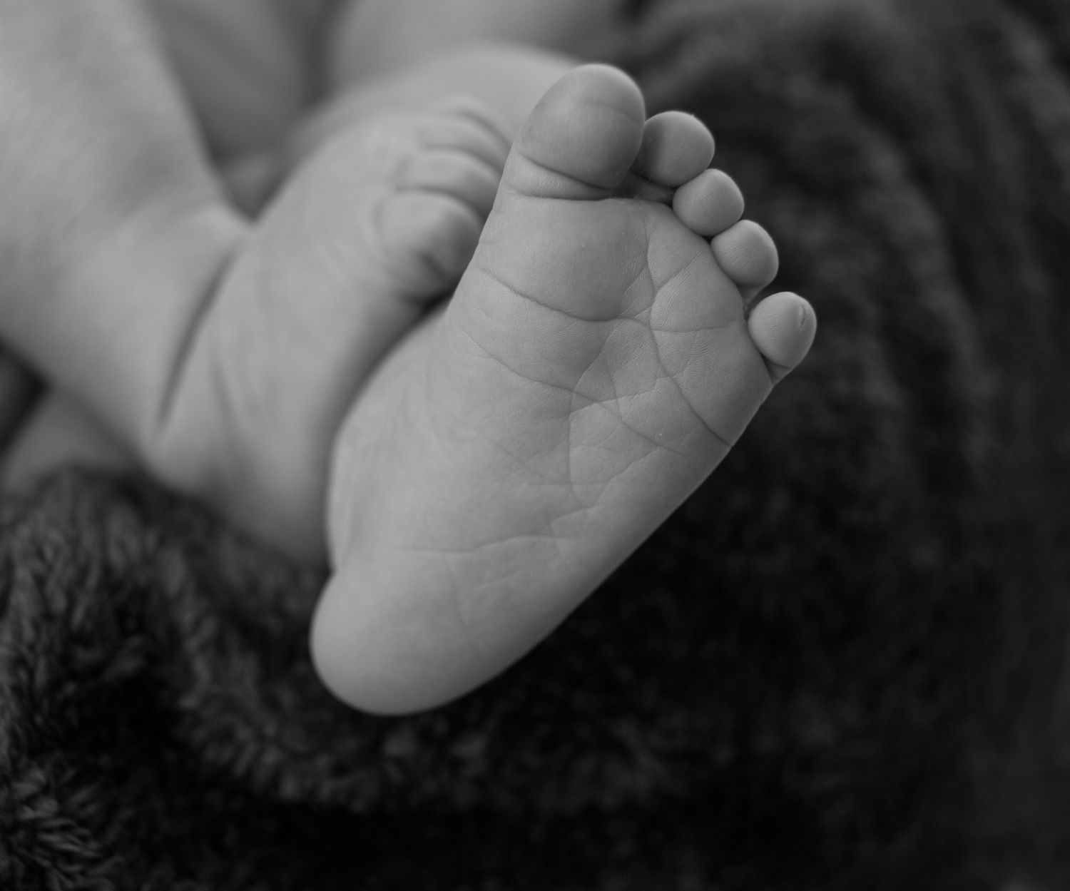Close-up black and white photograph of tiny newborn baby foot against dark fabric.