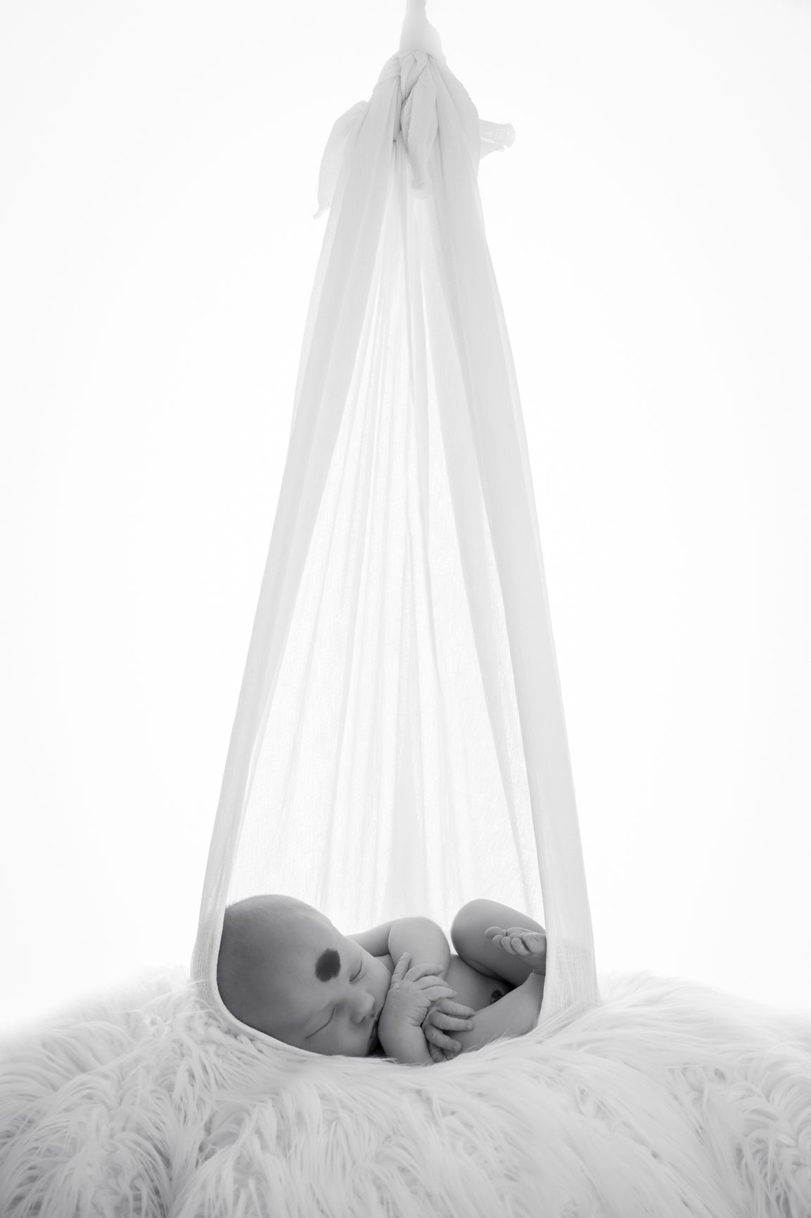 Ethereal newborn photography with baby resting in suspended white fabric hammock.
