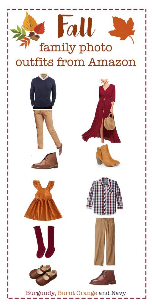 Fall family photo outfit inspiration in burgundy, burnt orange and navy colors from Amazon.