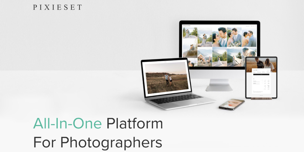 Multi-device mockup showcasing Pixieset's all-in-one photography platform across laptop, tablet and phone.
