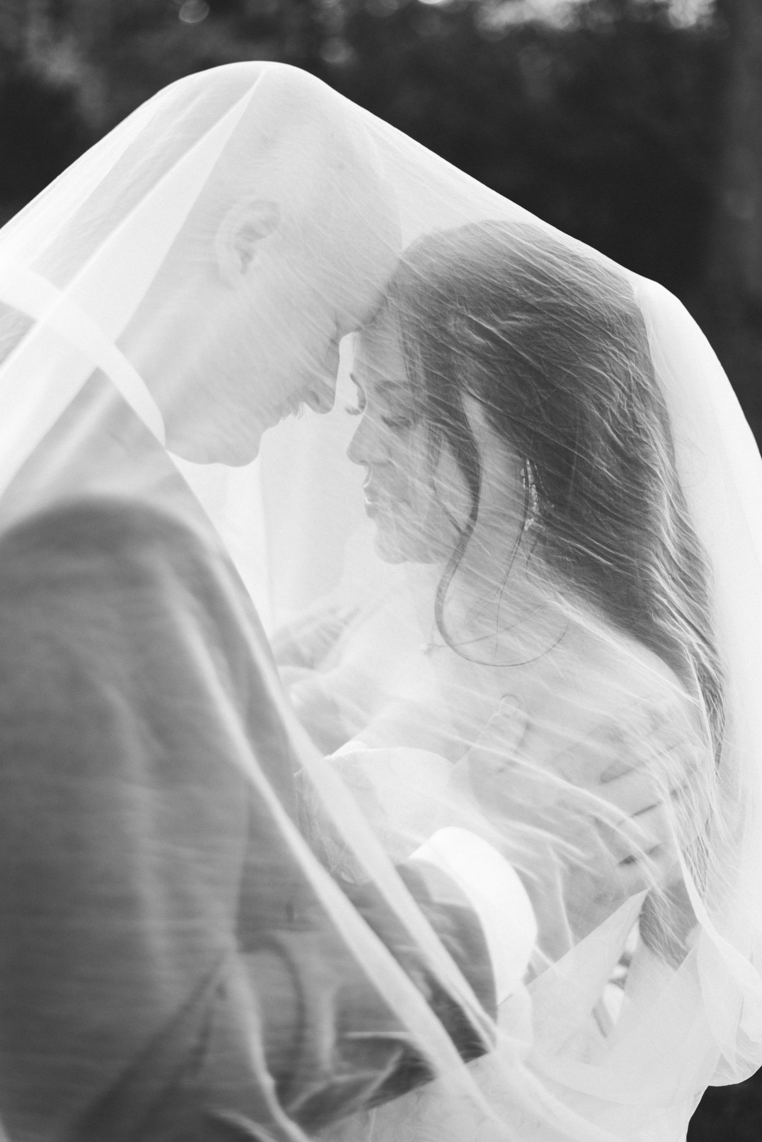 Couple embracing under veil on wedding day