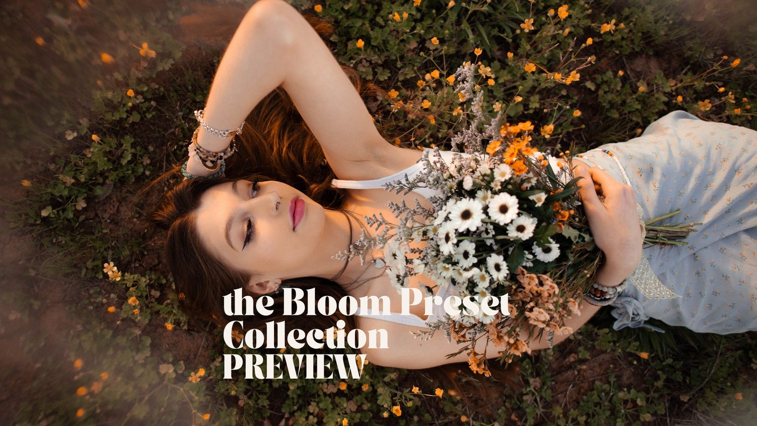 A dreamy outdoor portrait with flowers and foliage in warm autumn colors.