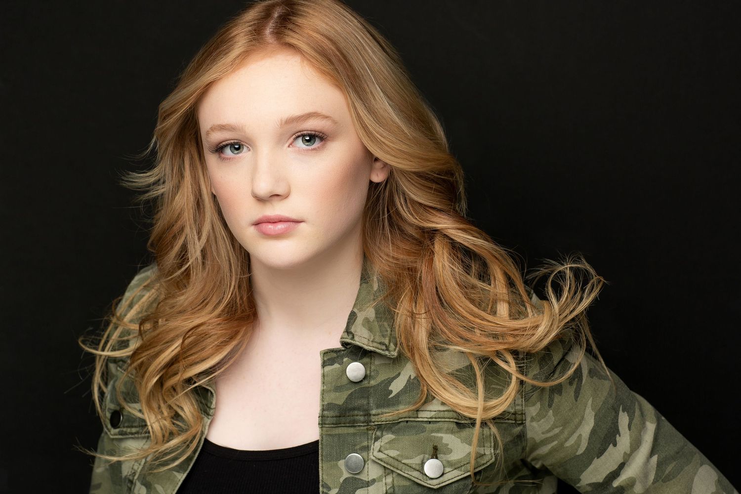 Studio portrait of model with long blonde hair wearing camouflage jacket against dark background.