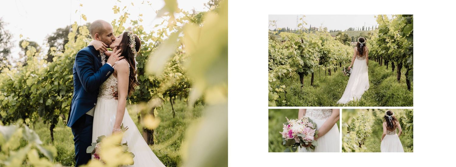 Bride and groom sharing a passionate kiss surrounded by lush green vineyard on their wedding day.