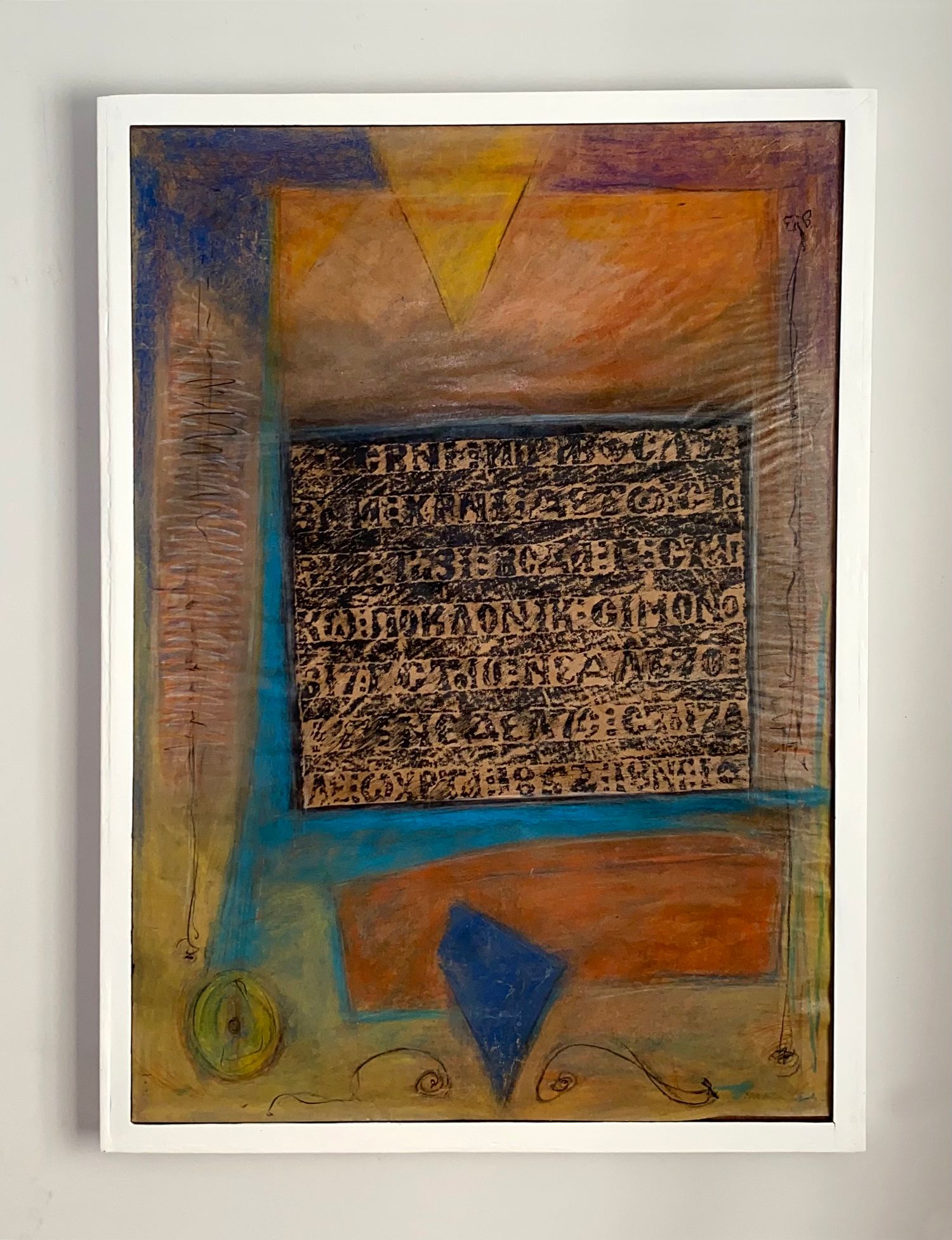 Passage of time, mixed media painting on canvas. Printed text on a warm toned background.