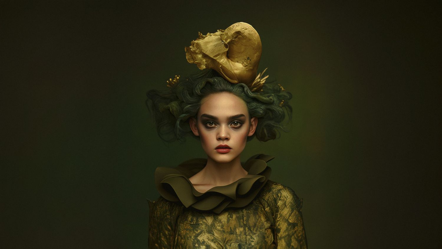 Fashion portrait with golden hat and olive dress in Renaissance style.