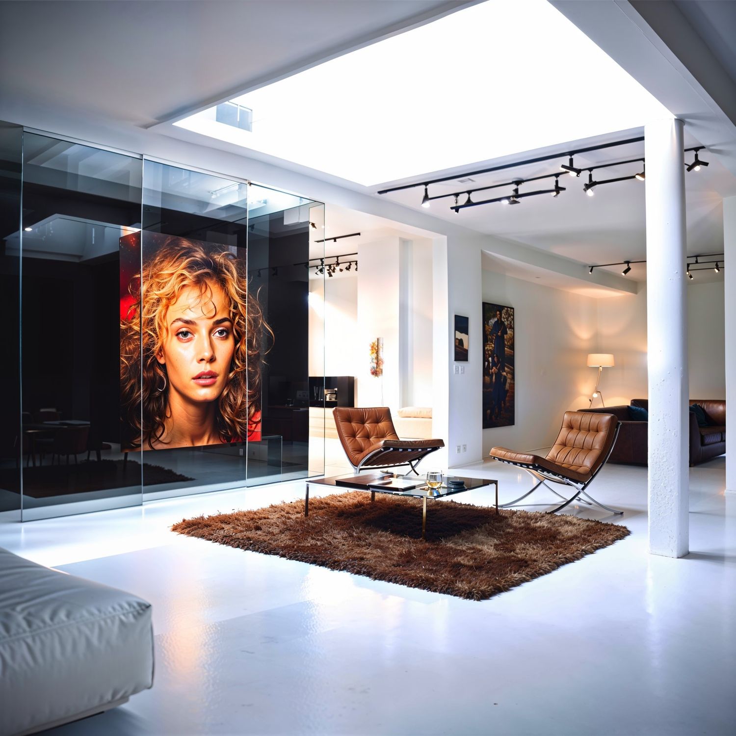 Modern minimalist living room with large portrait art and Barcelona chairs on white floors.