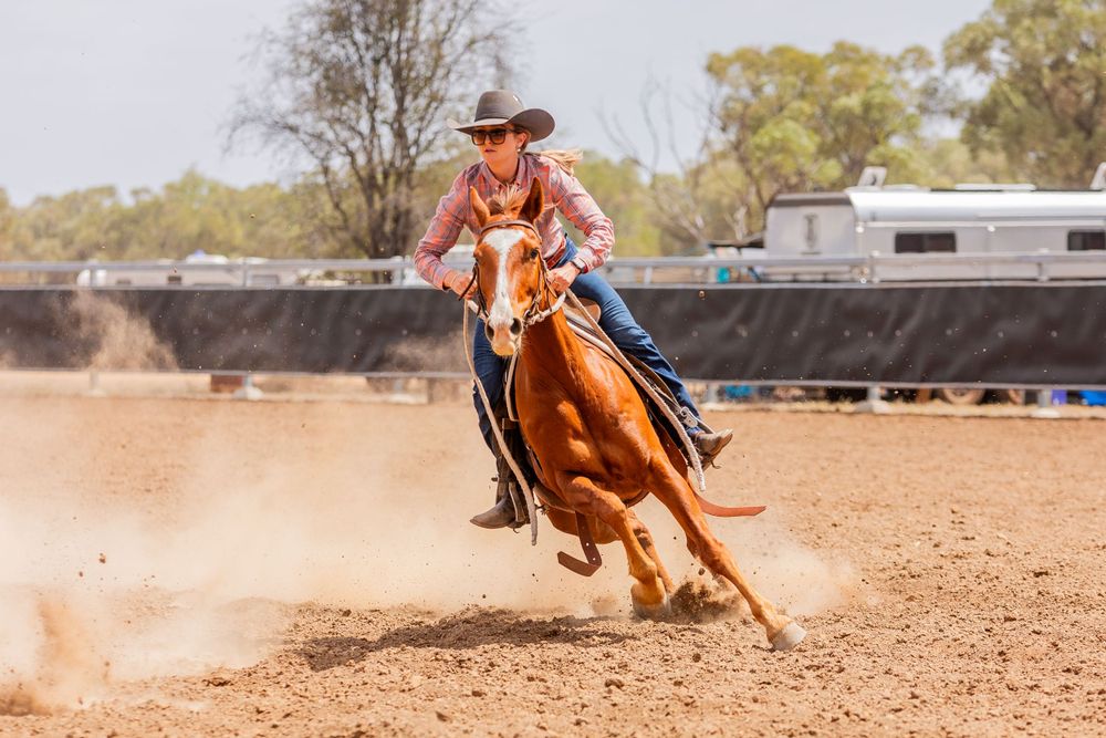 A sorrel horse and rider kick up dust while making a sharp turn in a rodeo arena.