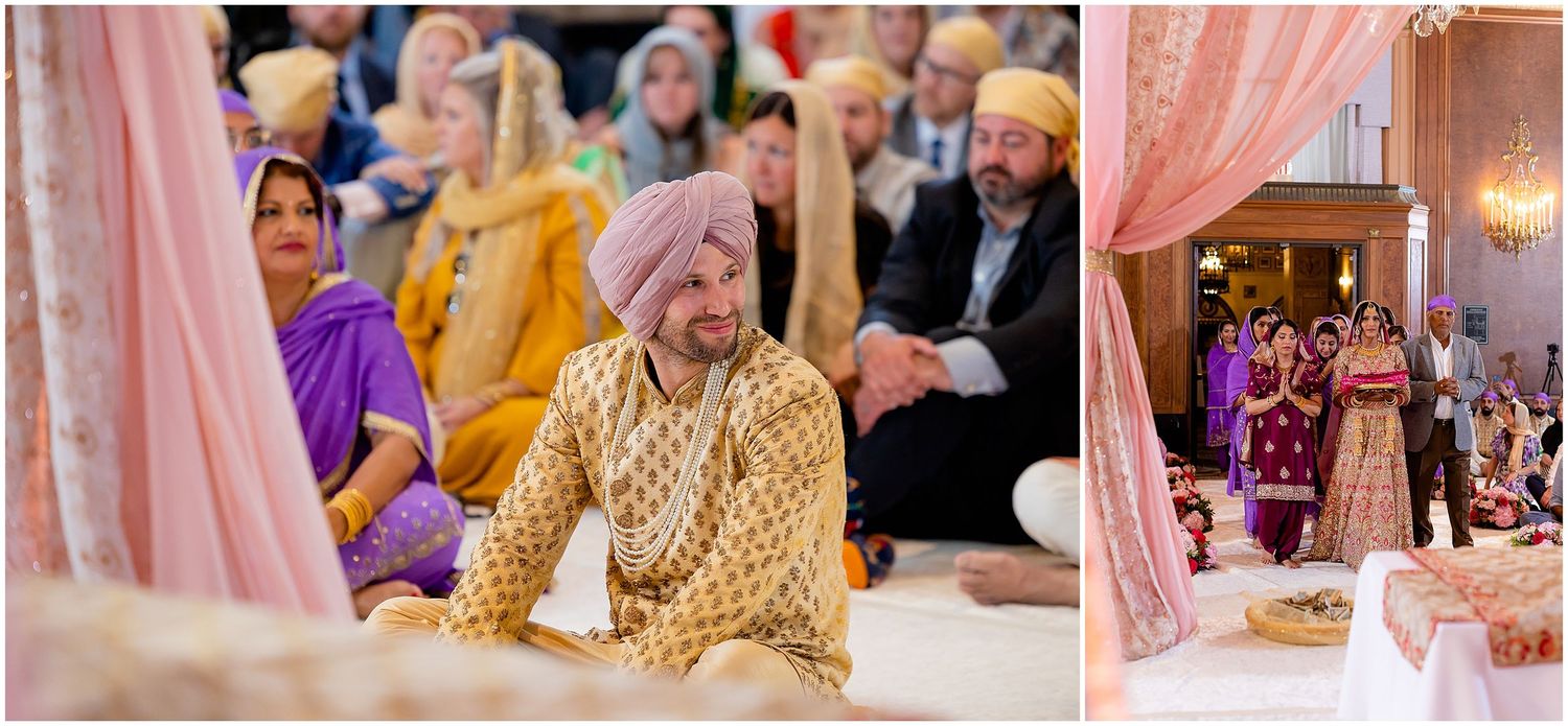 Traditional Sikh wedding ceremony with guests seated on floor under pink and gold decor.