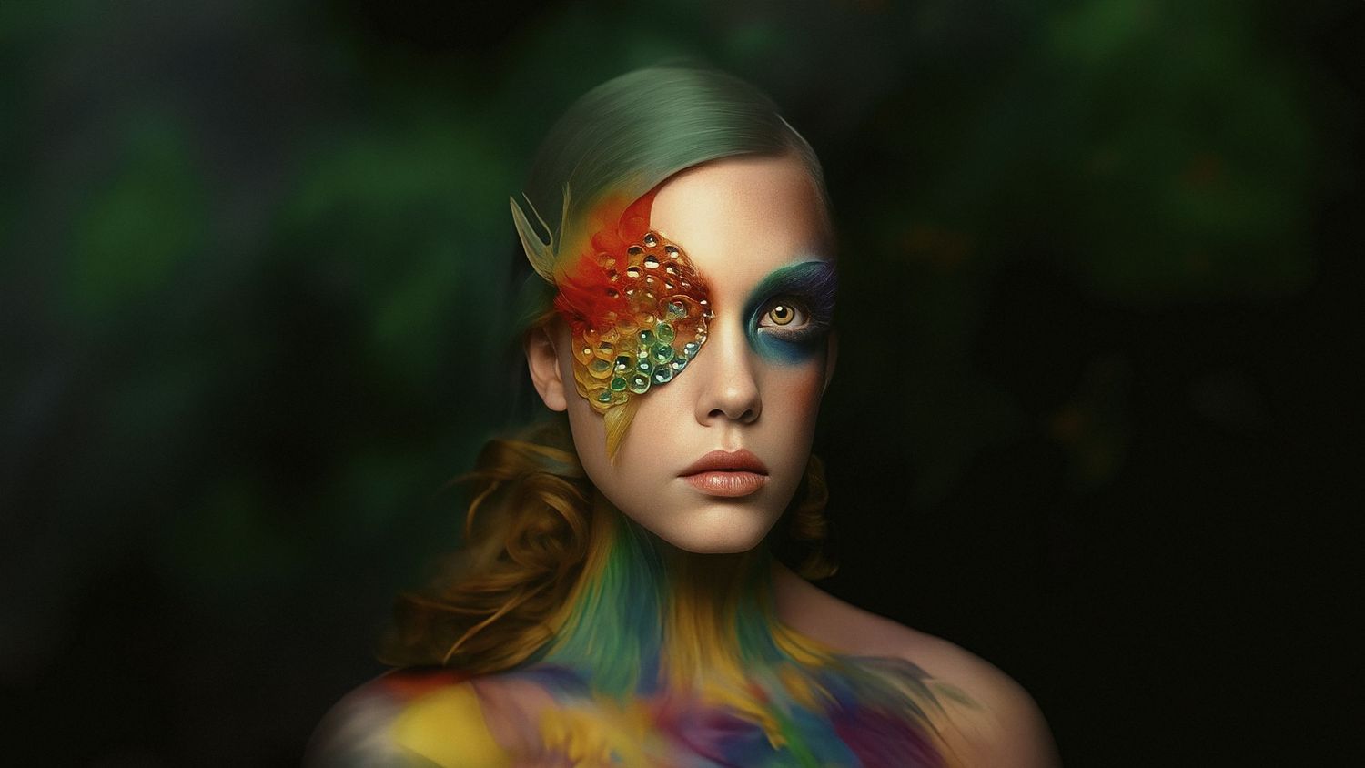 Ethereal portrait with butterfly detail and rainbow-colored body paint.