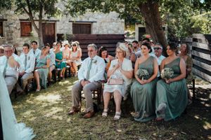 Wedding party in sage green dresses seated outdoors under a shady tree.