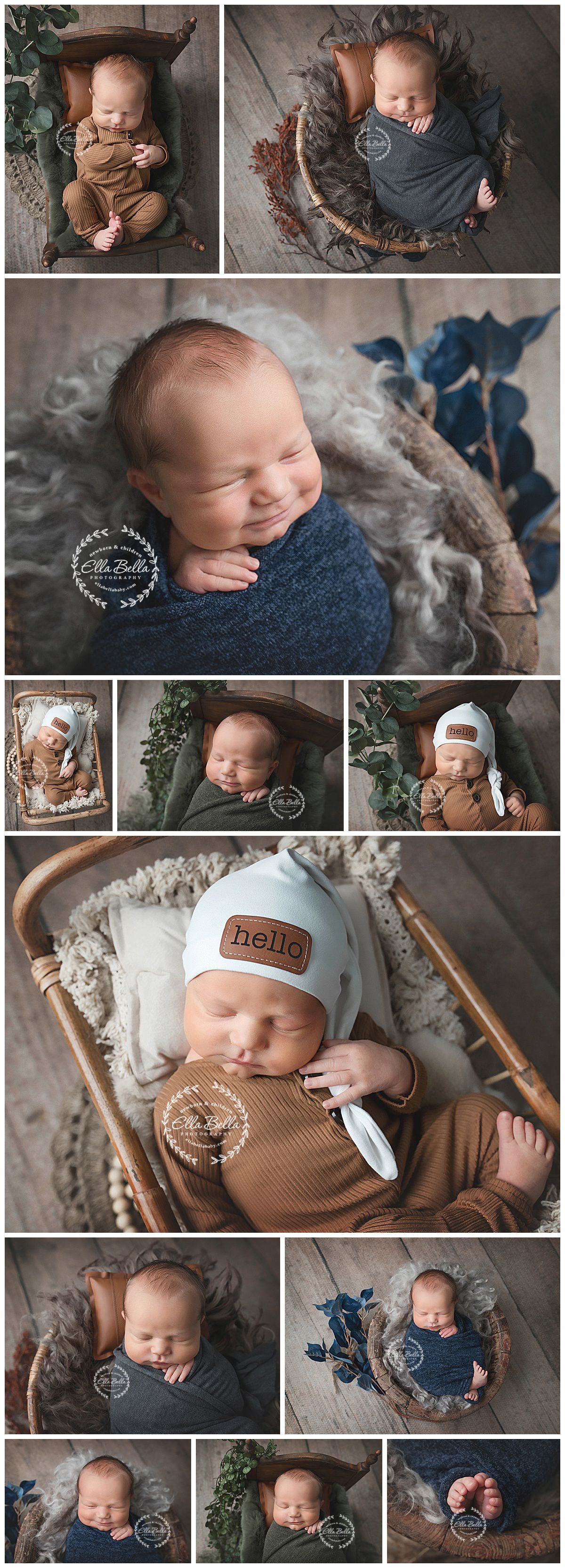 Collection of newborn photos featuring baby in brown and blue wraps with rustic props.