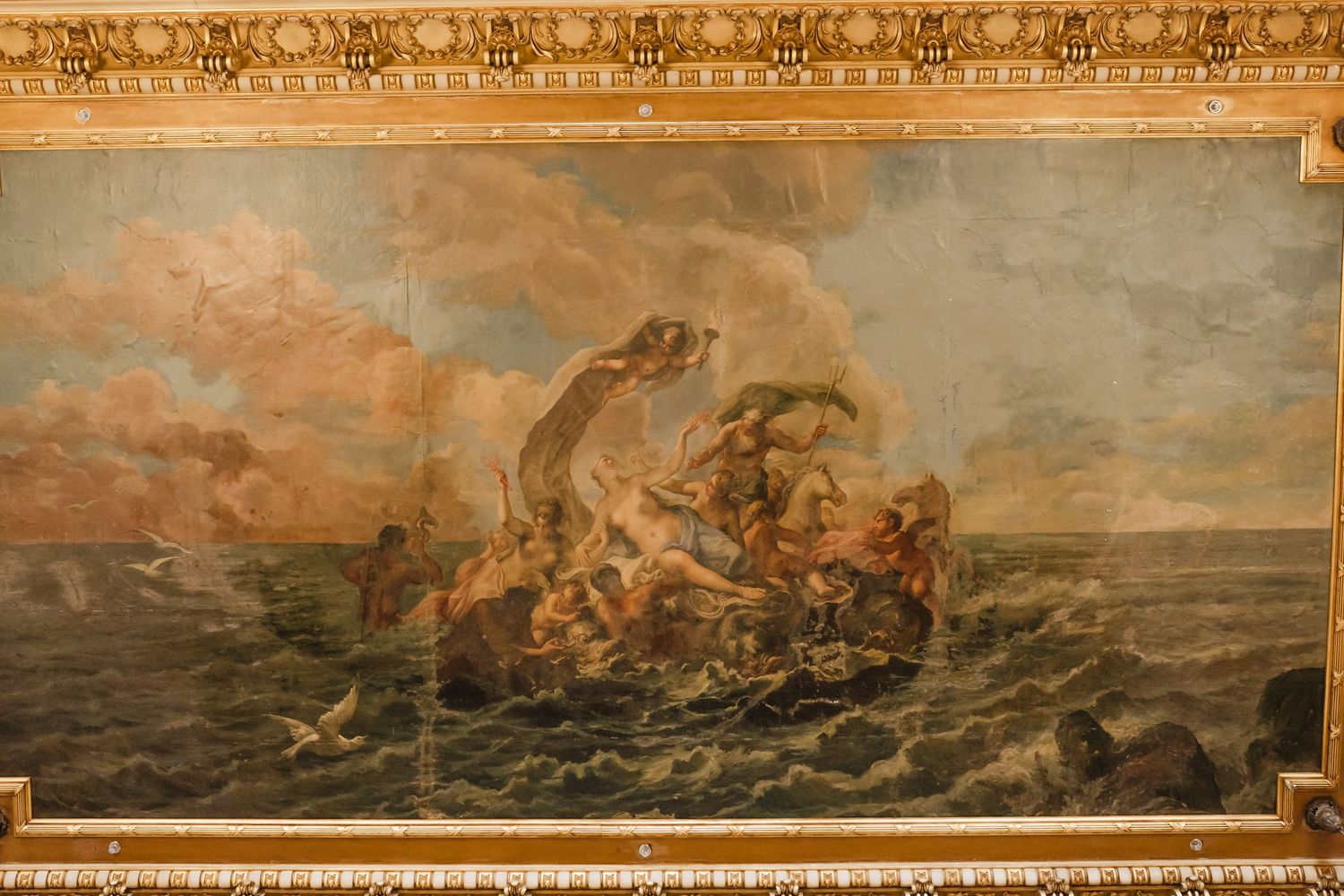 Classical painting depicting a dramatic maritime scene with figures on a boat in turbulent waters.
