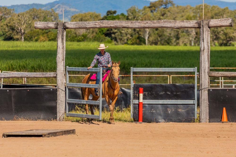 Horse and rider practicing at wooden training structure in dusty arena with mountains visible.