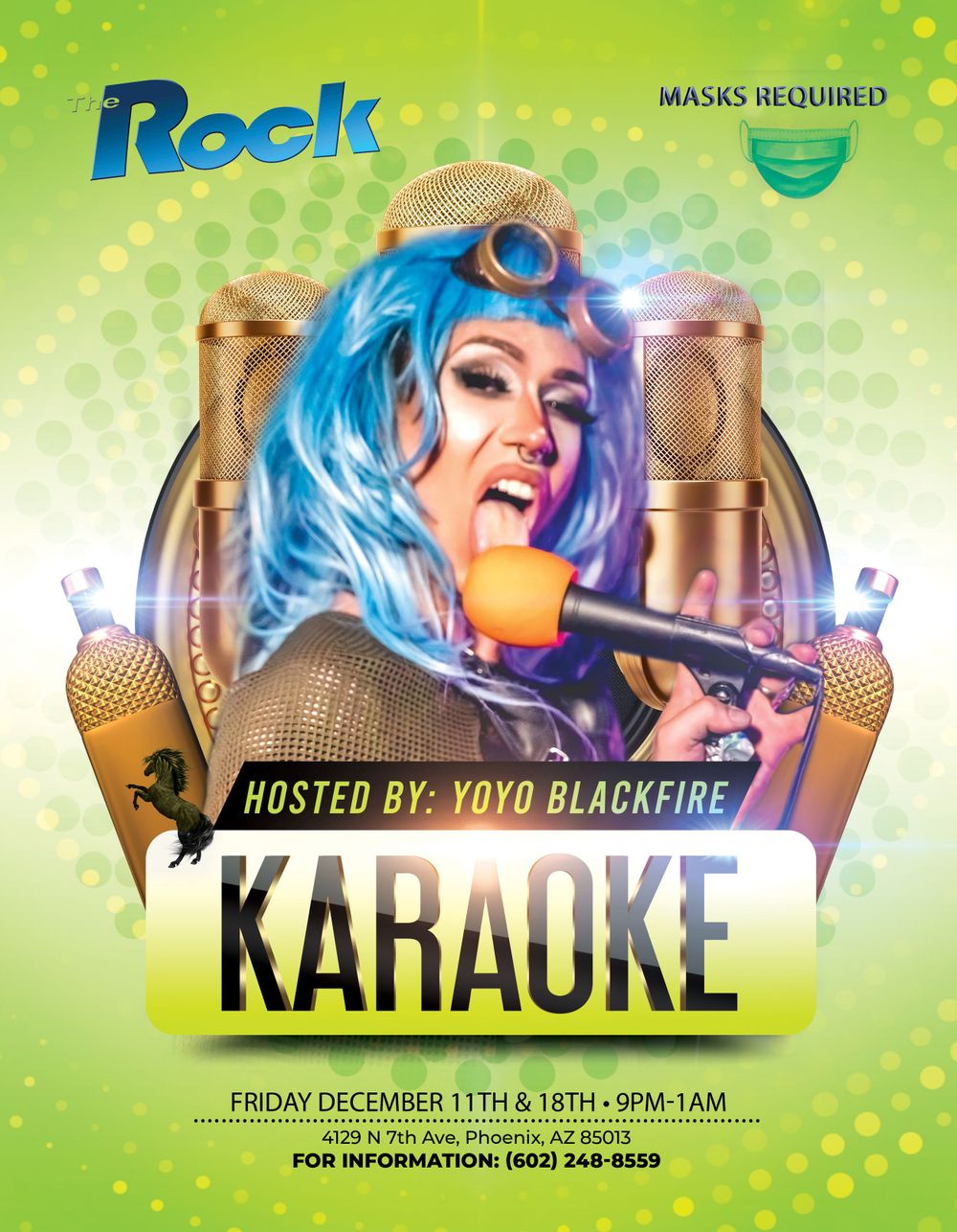 Flyer for Karaoke with a drag queen, featuring art and graphic design, an example poster from Phoenix, AZ, by Big Click Energy.