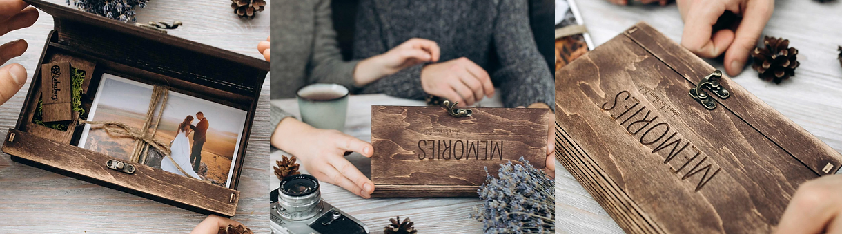 Styled flat lay of wooden box with vintage wedding photography elements.