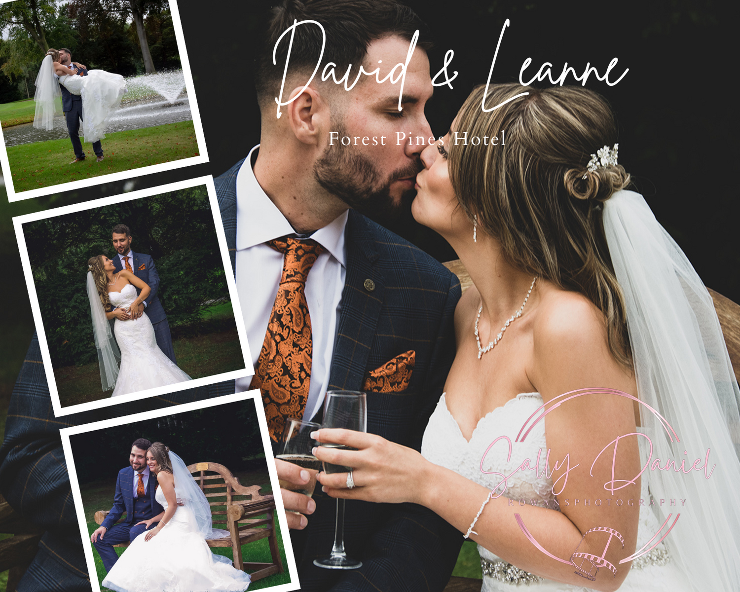 A wedding photo collage featuring romantic moments between newlyweds.