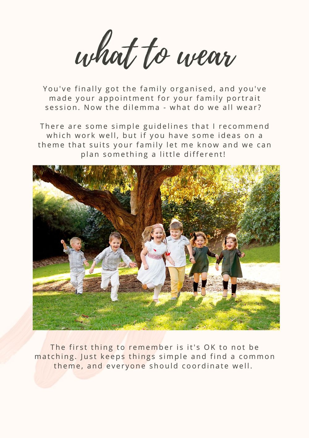 What to wear guide for family photos with children running in garden setting.