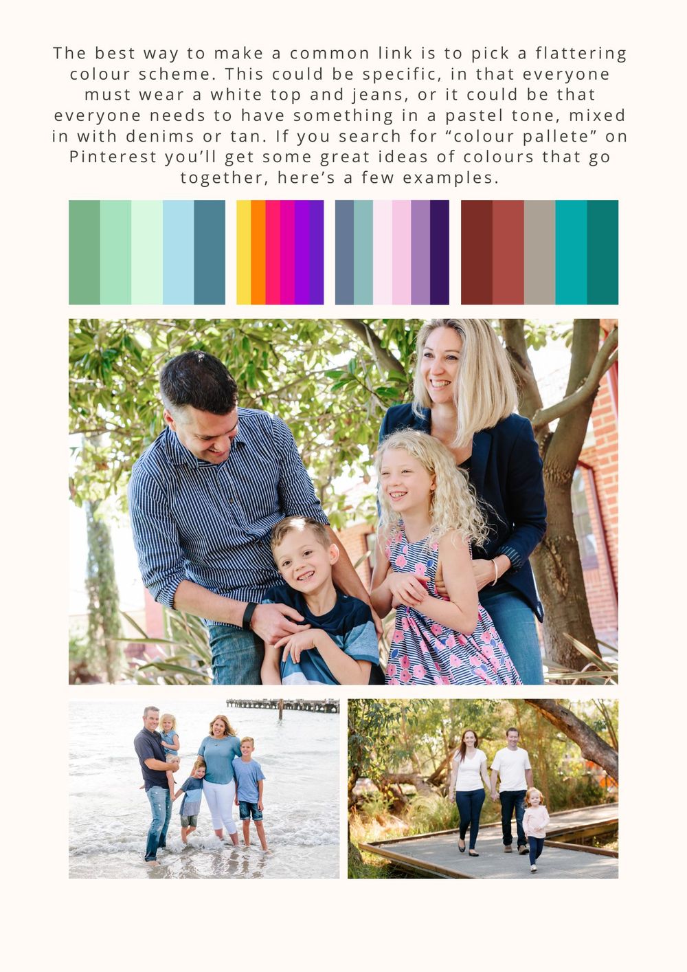 Family portrait guide showing color scheme swatches and casual outdoor photo examples.