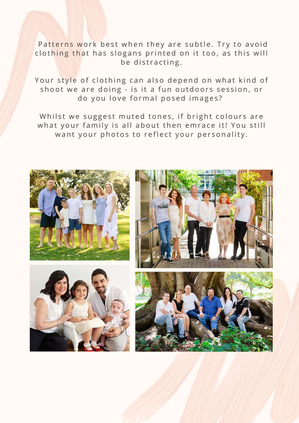 Photography style guide with examples of coordinated group portraits in outdoor settings.