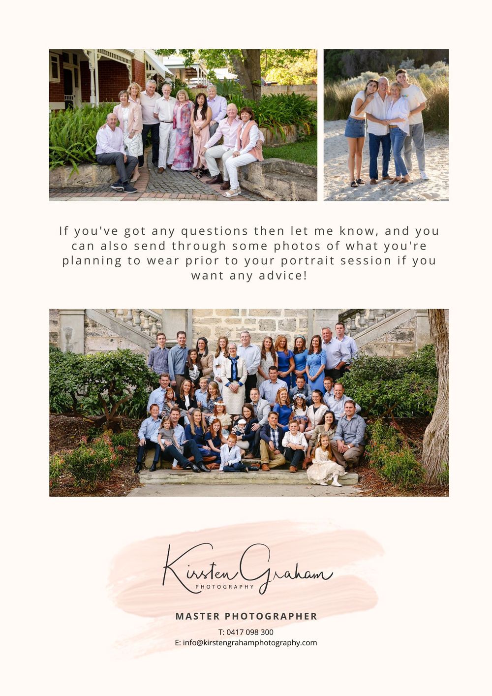 Collection of large group family portraits taken outdoors with professional styling.