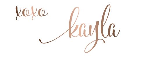 Rose gold calligraphy signature reading 'xoxo kayla' in elegant script.