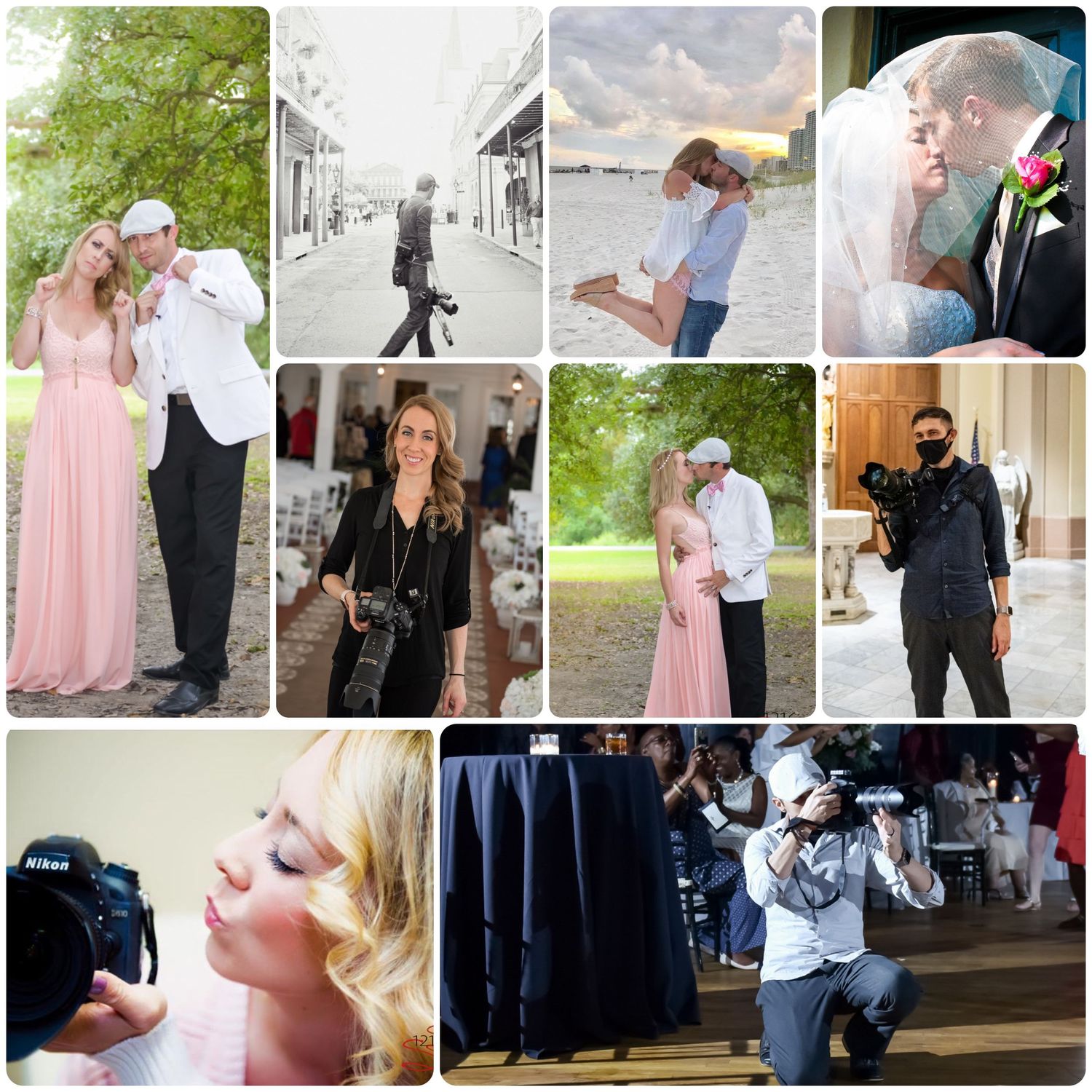 A collage of wedding photography behind-the-scenes shots in various outdoor and indoor settings.