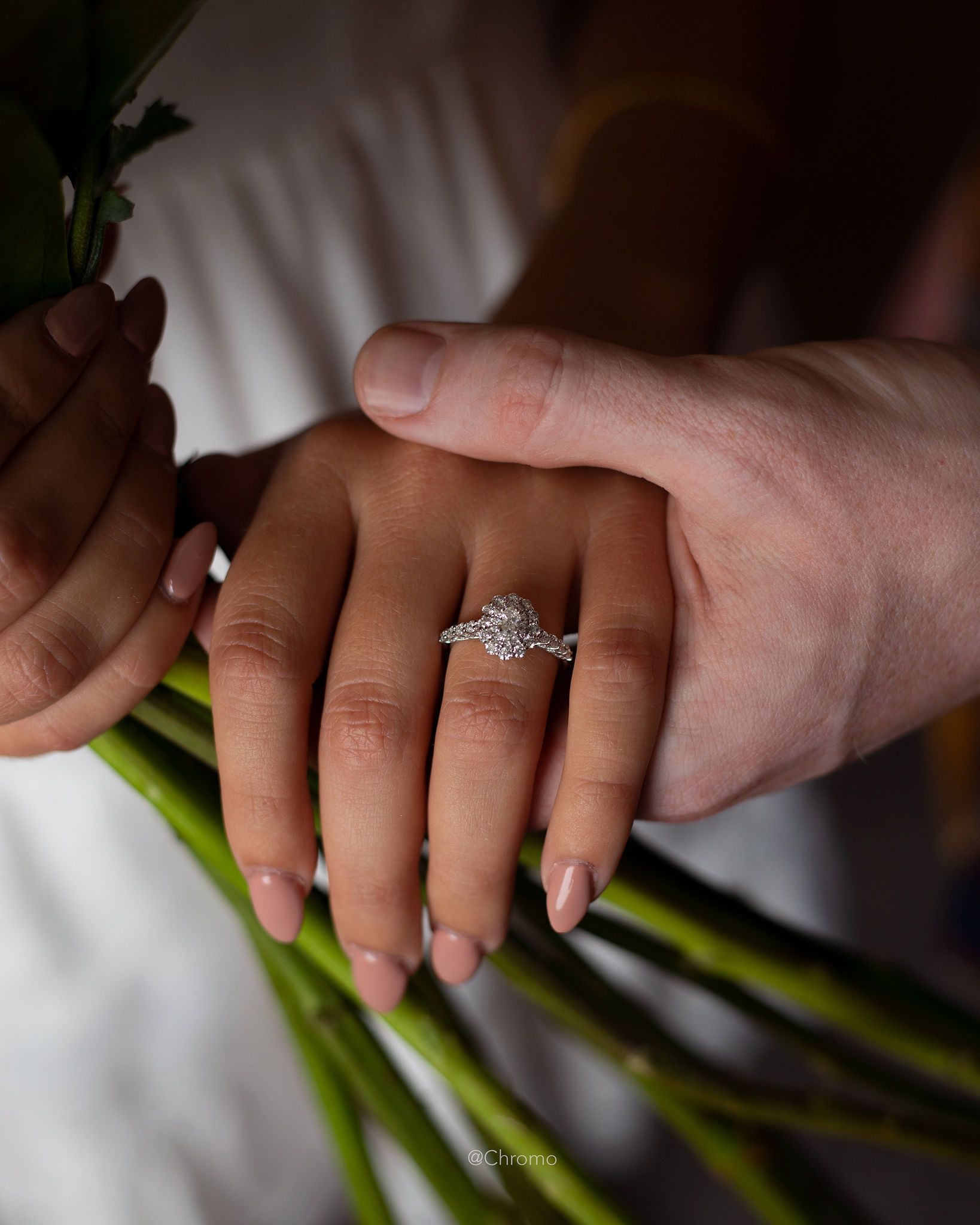 Close-up of hands with diamond engagement ring holding green flower stems.