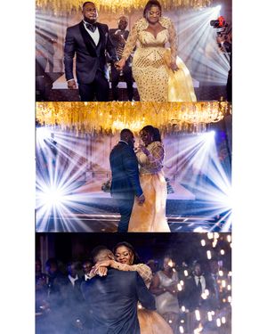 Wedding celebration sequence showing a couple dancing under dramatic lighting and golden decor.