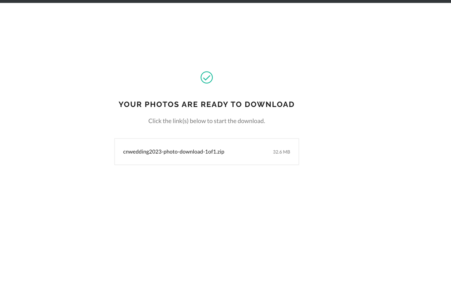 Confirmation screen showing wedding photos are ready to download as a zip file.